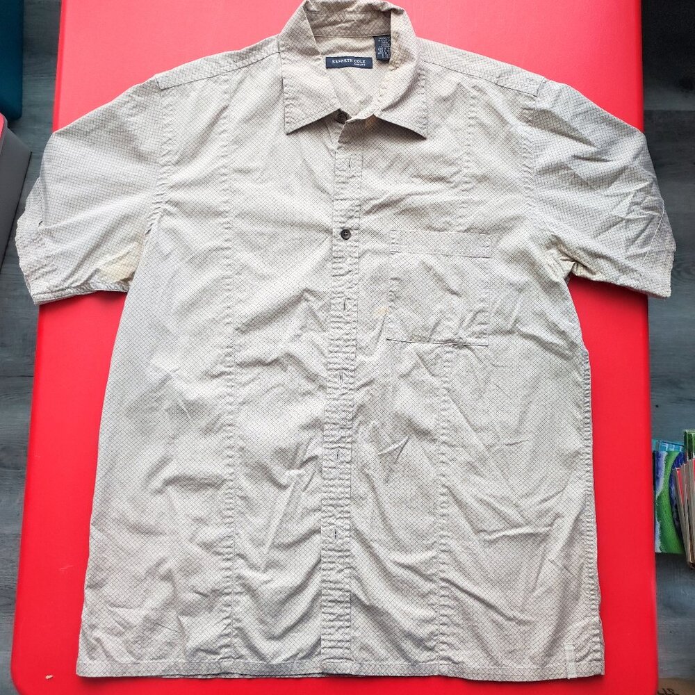 Kenneth Cole short sleeve button down casual shirt grey checkered men's size M